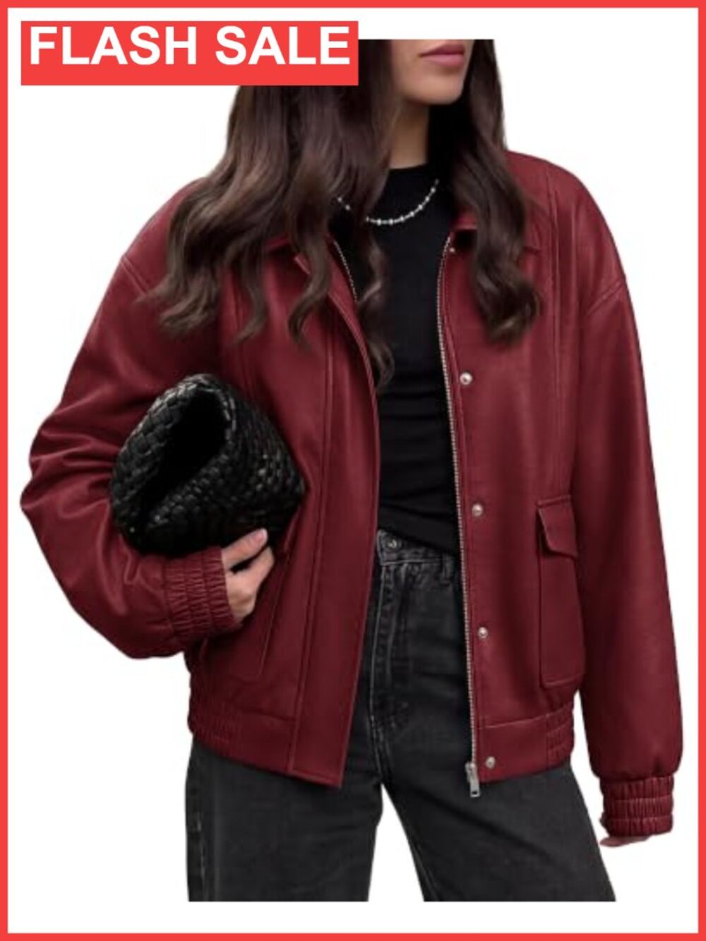 Faux Leather Jacket Women Oversized Long Sleeve Snap Zip Casual